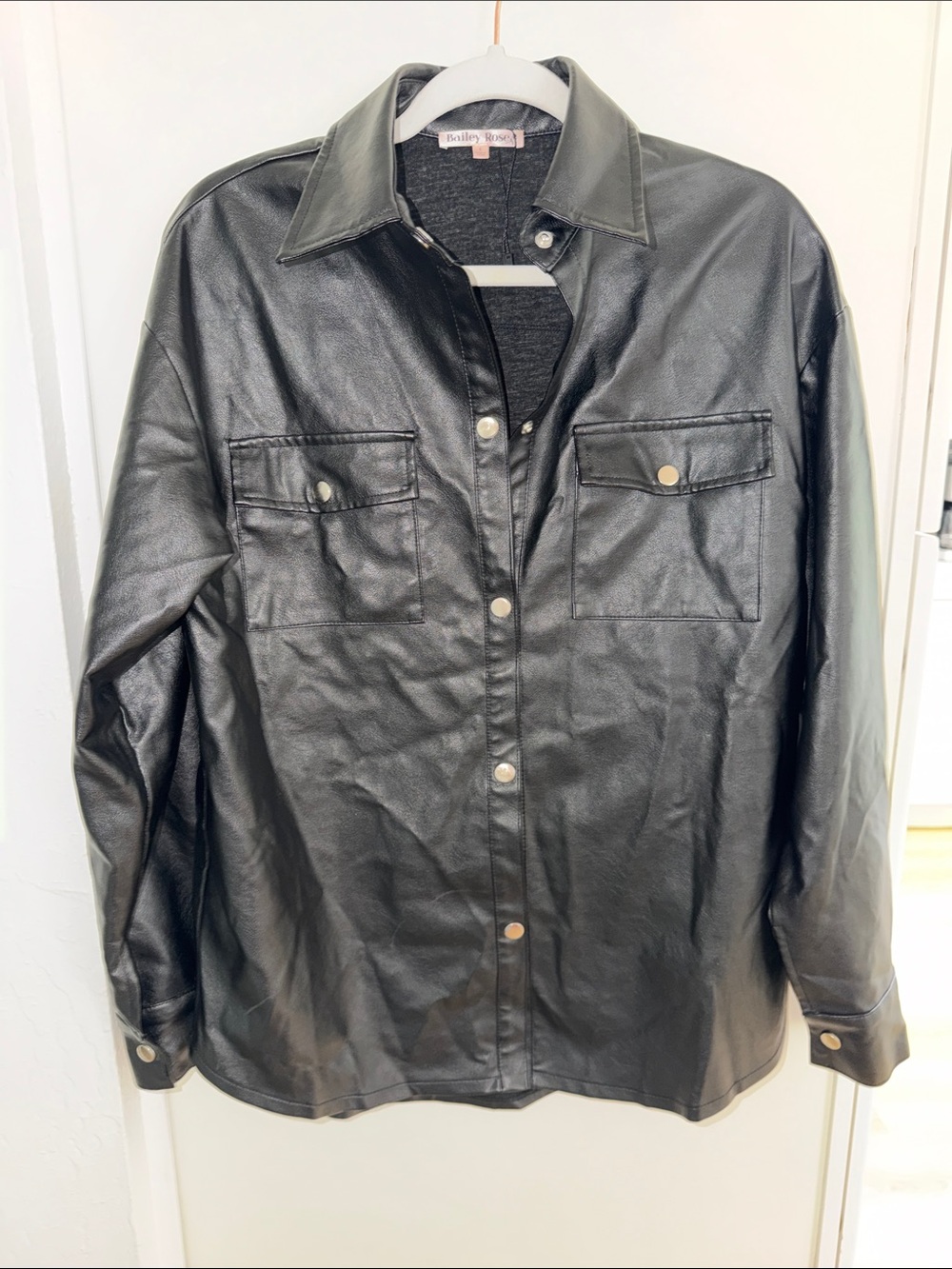 Bailey Rose Black Faux Leather Button-Up Shacket Top | S
